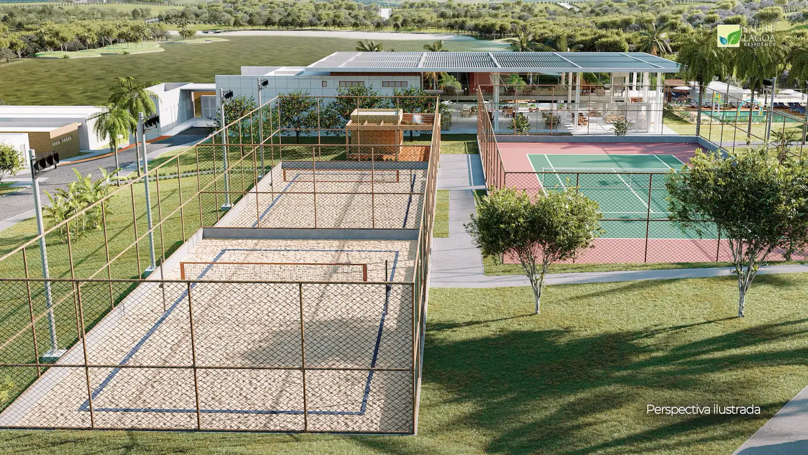 Quadras esportivas: beach tennis e tênis com clube ao fundo