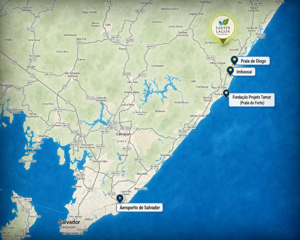 Mapa de localização do Sauípe Lagoa Residence no Litoral Norte da Bahia, a 106 km do Aeroporto de Salvador, próximo à Praia do Forte e Imbassaí